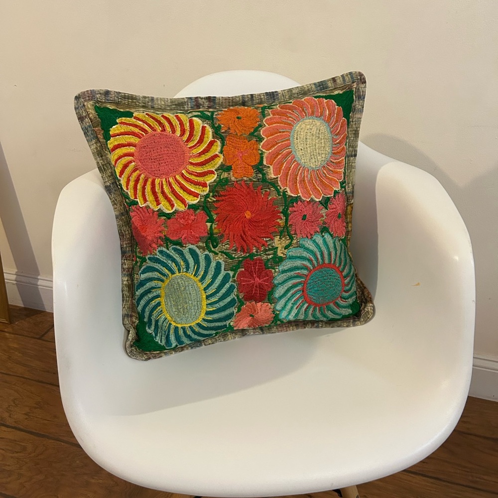 Handmade Boho Embroidered Appliqué Textured Pillow Cover 20x20”